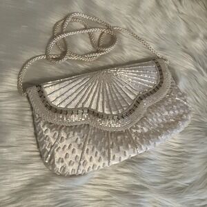 VTG White Ivory Beaded Evening Bag Clutch Purse Braided Strap Bridal Wedding